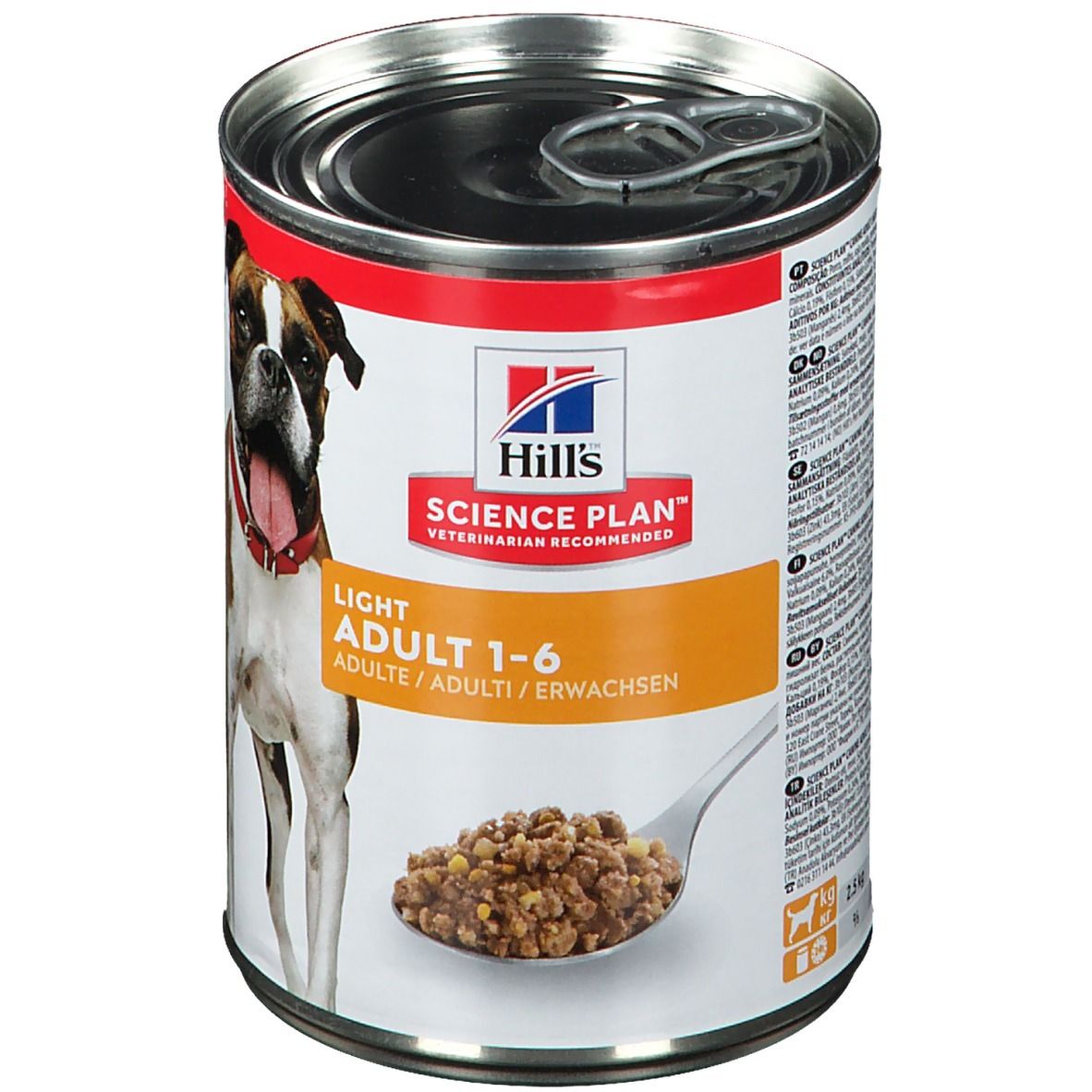 Boîte de nourriture pour chiens avec image de Boxer. Inscription : Hill's Science Plan Light Adult 1-6. Nourriture représentée sur une cuillère.
