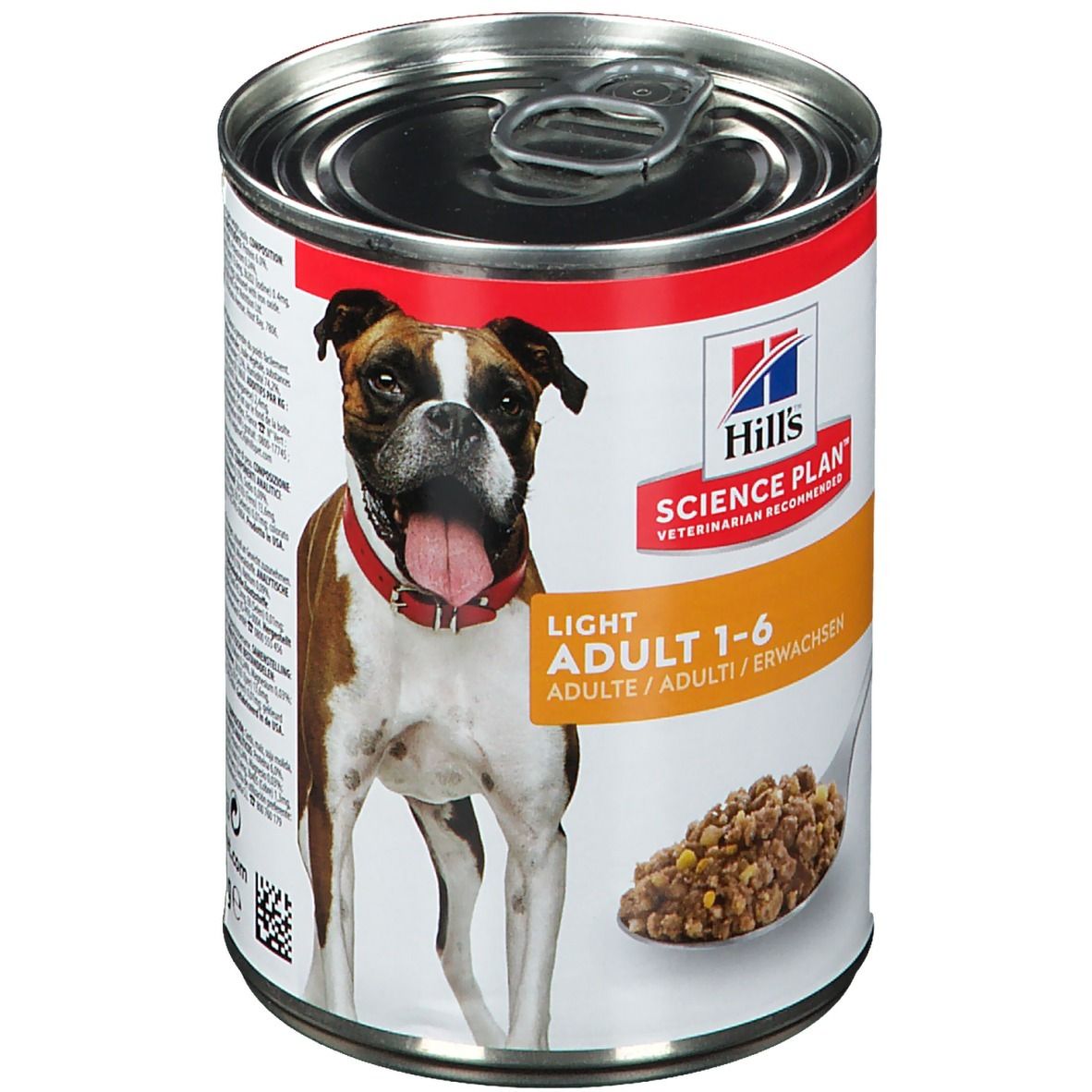 Boîte de nourriture pour chiens avec image de Boxer. Inscription : Hill's Science Plan Light Adult 1-6. Nourriture représentée sur une cuillère.