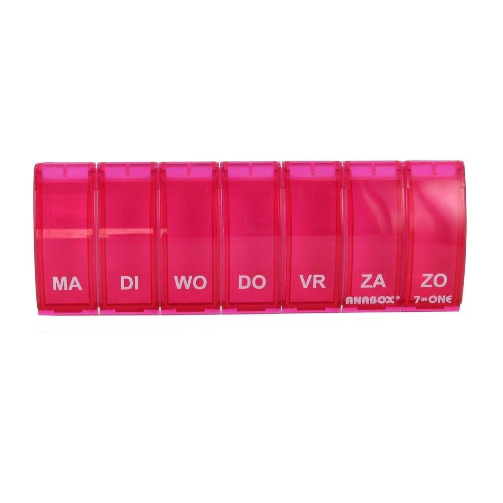 Roze pillendoos met zeven compartimenten, gelabeld met dagen van de week. "ANABOX" en "7-ONE" zijn zichtbaar.
