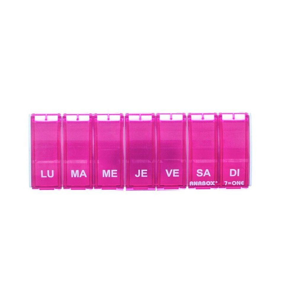 Roze pillendoos met zeven compartimenten, met weekdagen. Merk Anabox, model 7-ONE.