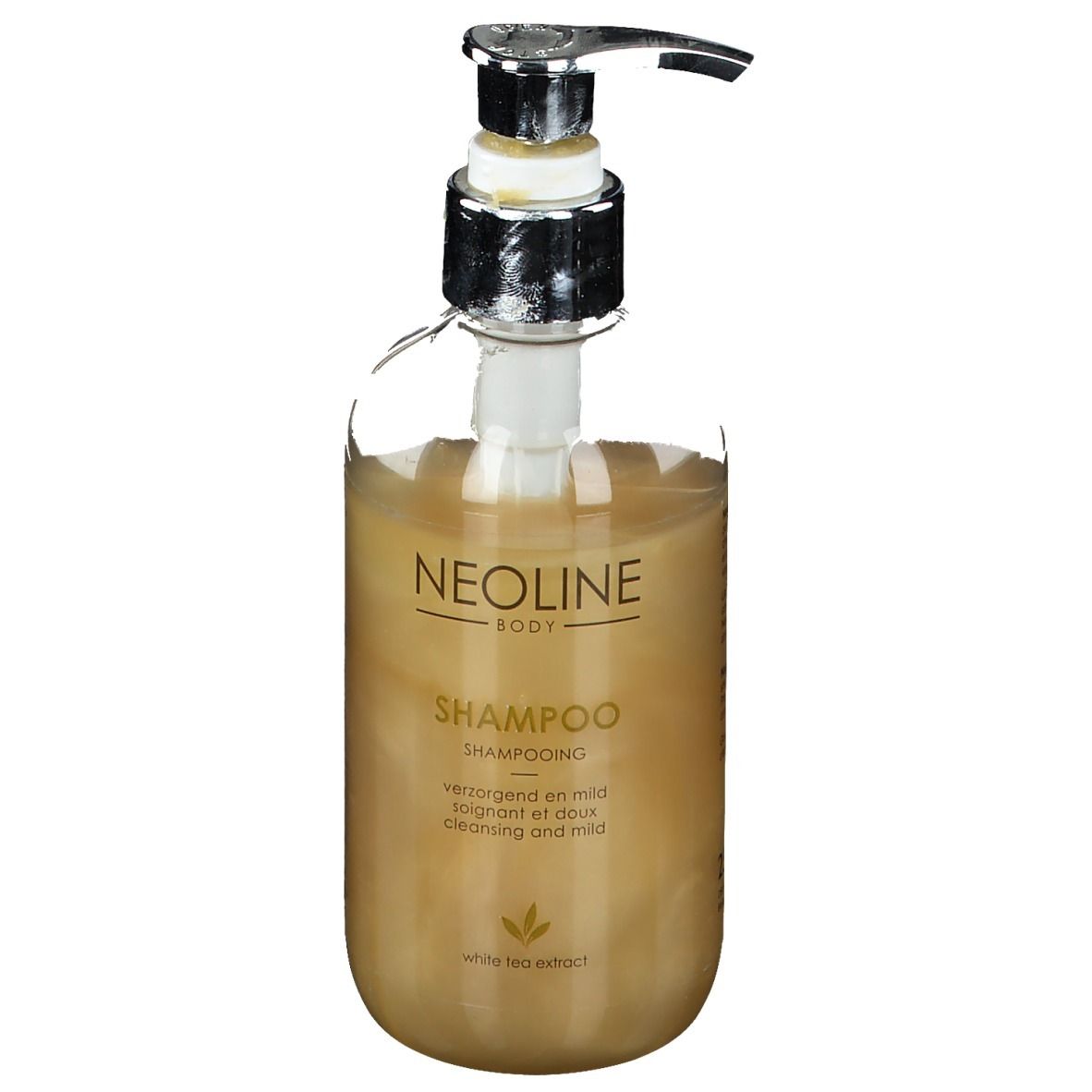 Transparante fles met pomp. Opschrift: Neoline Body Shampoo. Bevat witte thee-extract.