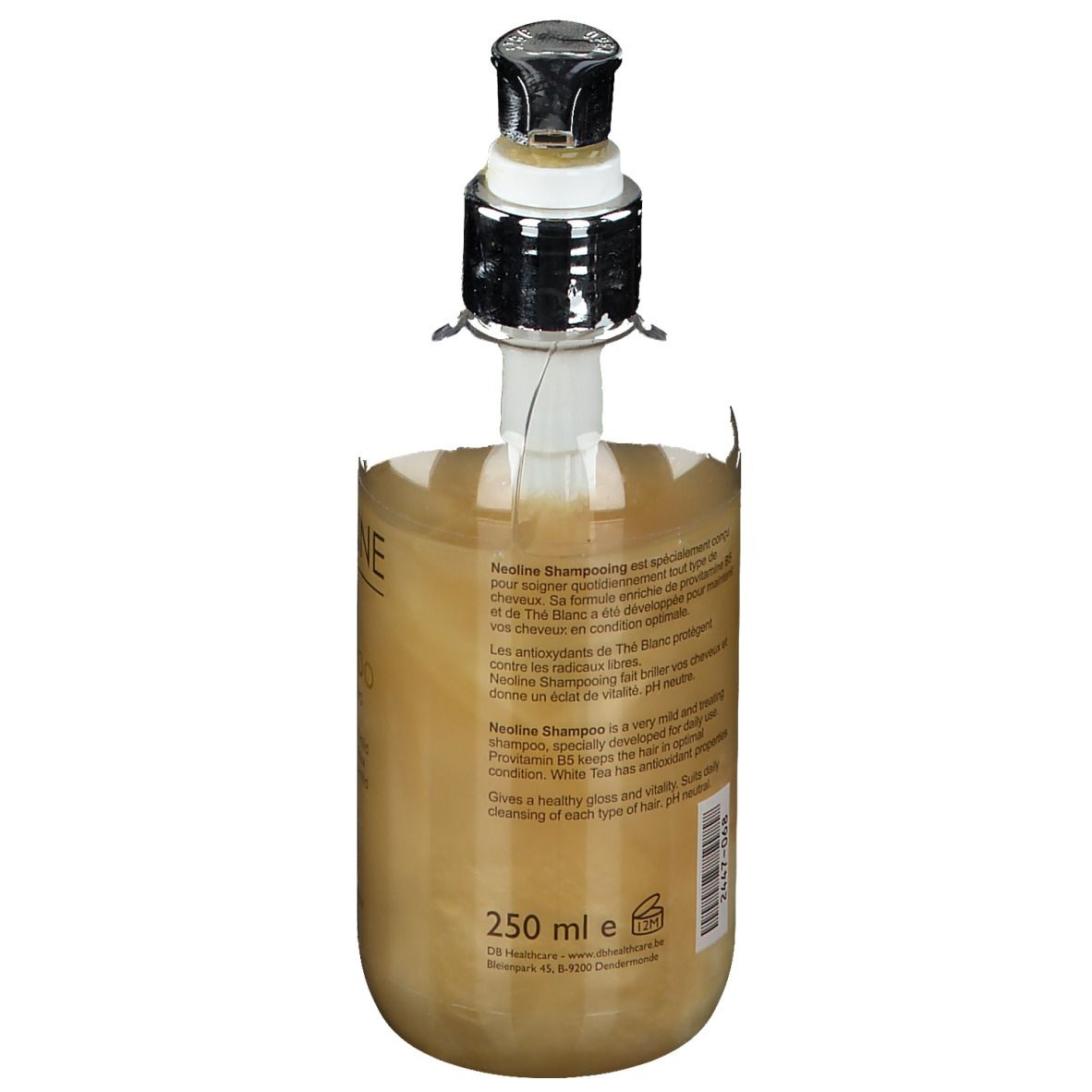 Achterkant van de shampoo fles. Tekst op etiket. Bevat 250 ml. Met ingrediënten en fabrikant informatie.