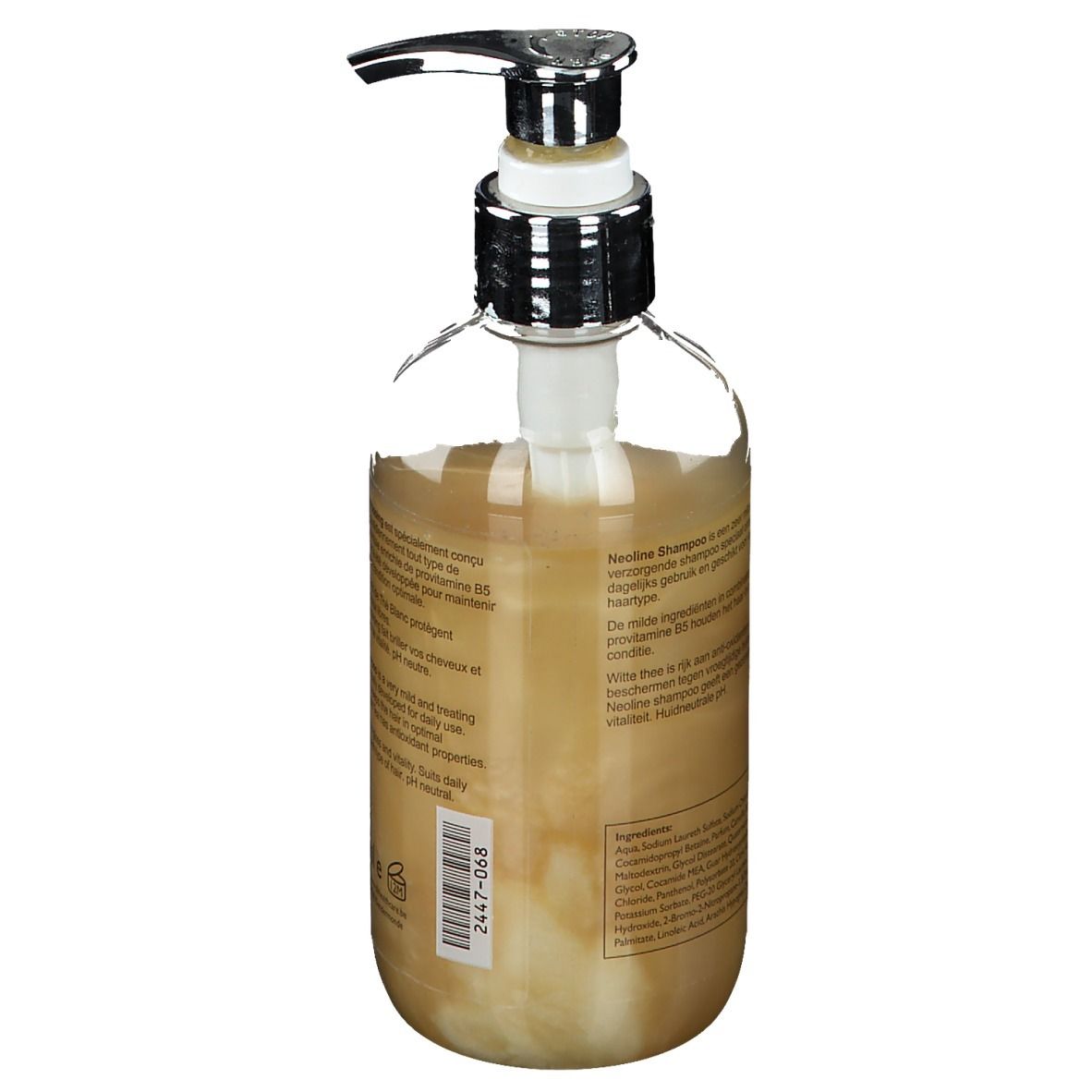 Achterkant van de shampoo fles. Tekst op etiket. Met ingrediënten en fabrikant informatie. Barcode.