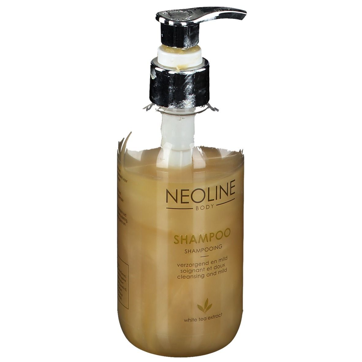 Transparante fles met pomp. Opschrift: Neoline Body Shampoo. Bevat witte thee-extract.