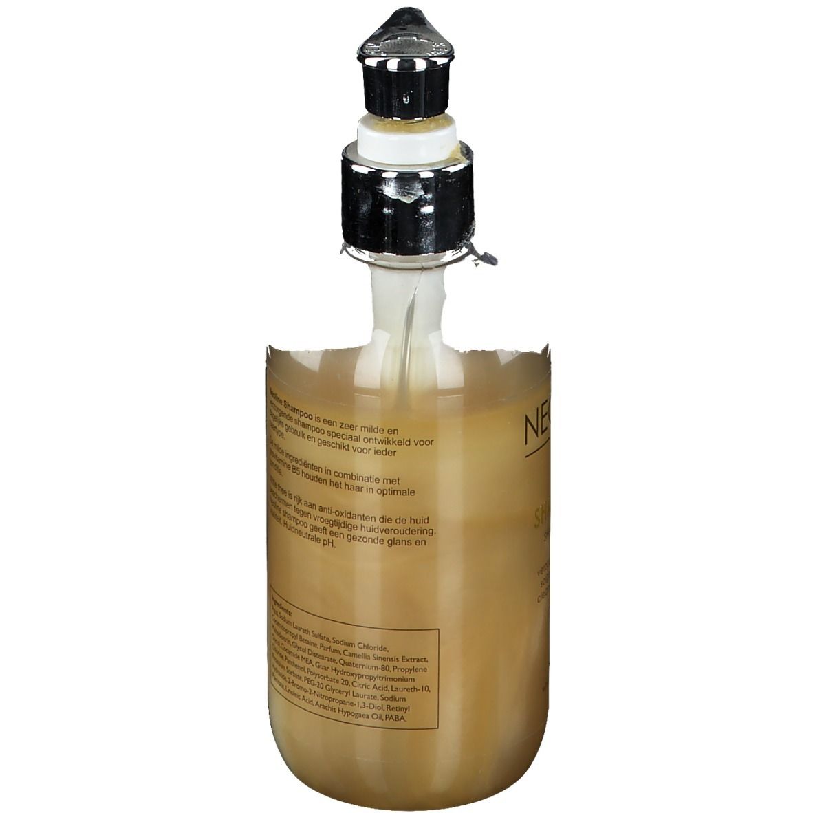 Achterkant van de shampoo fles. Tekst op etiket. Met ingrediënten en fabrikant informatie.