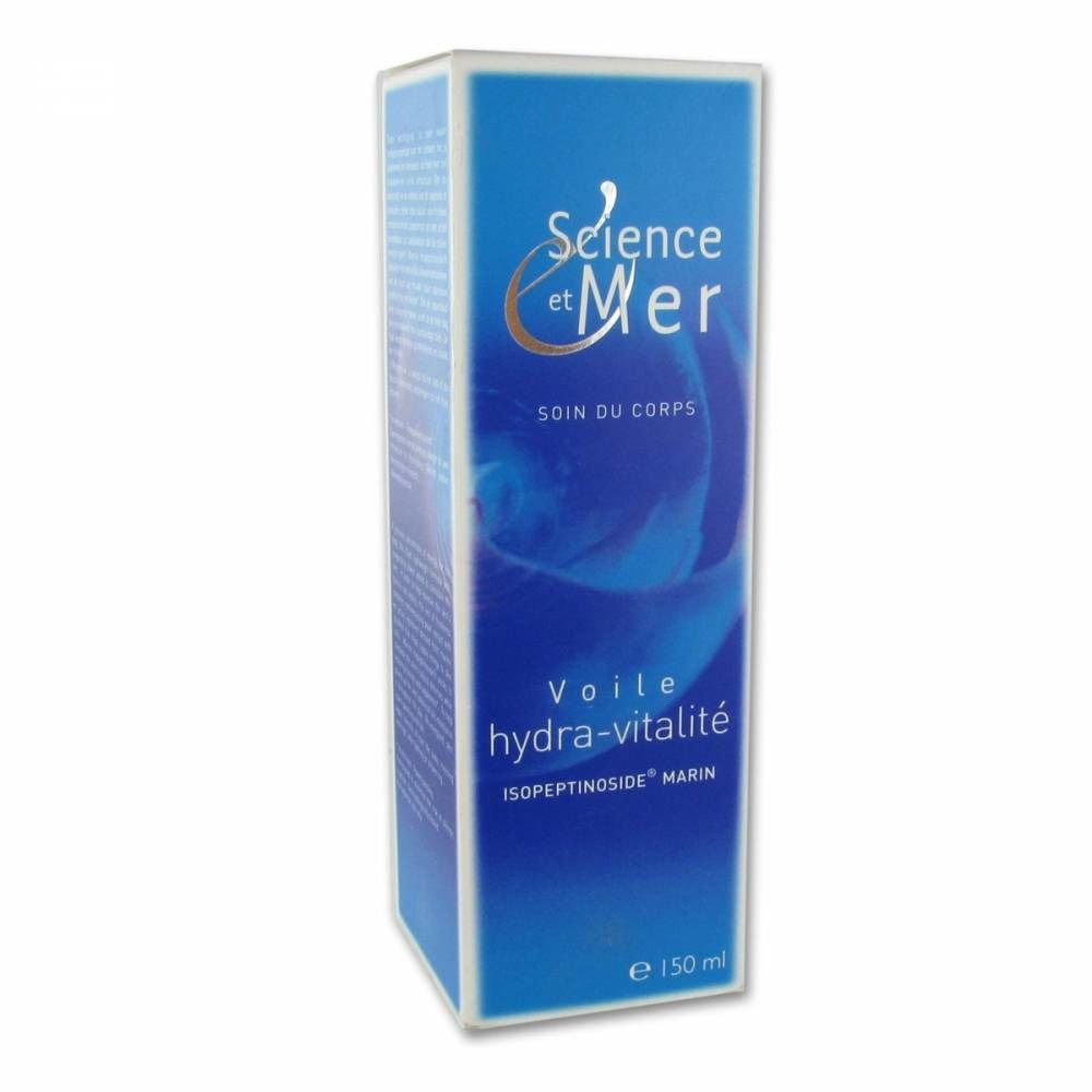 Emballage bleu "Science et Mer". Texte: "Voile hydra-vitalité", "ISOPETINOSIDE MARIN". Contenance: 150 ml.