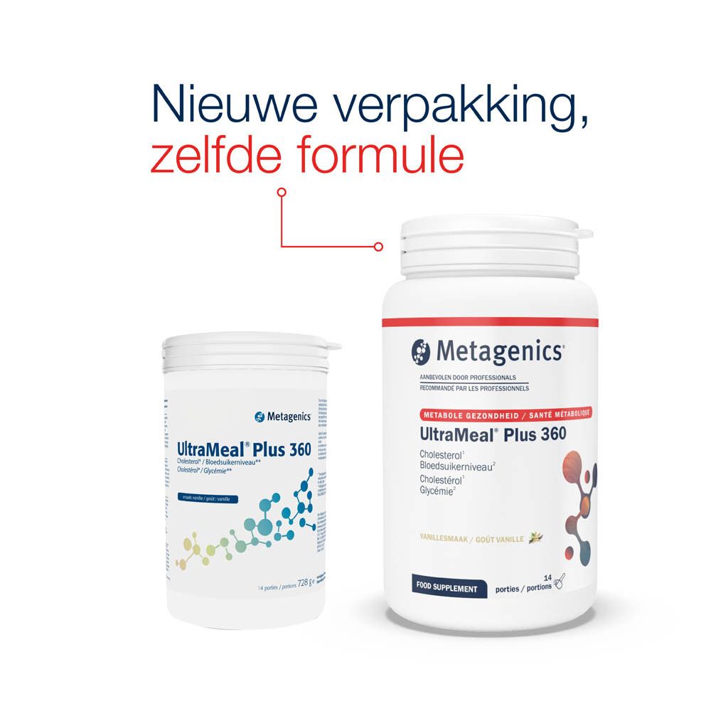 Witte pot UltraMeal Plus 360. Metagenics logo. Vanillesmaak. 14 porties, 728g. Informatie over cholesterol, bloedsuikerspiegel.