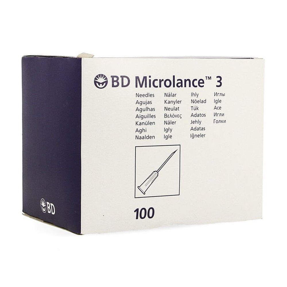 Verpakking van BD Microlance 3 naalden. Bevat 100 stuks. Productafbeelding en meertalige opschriften.