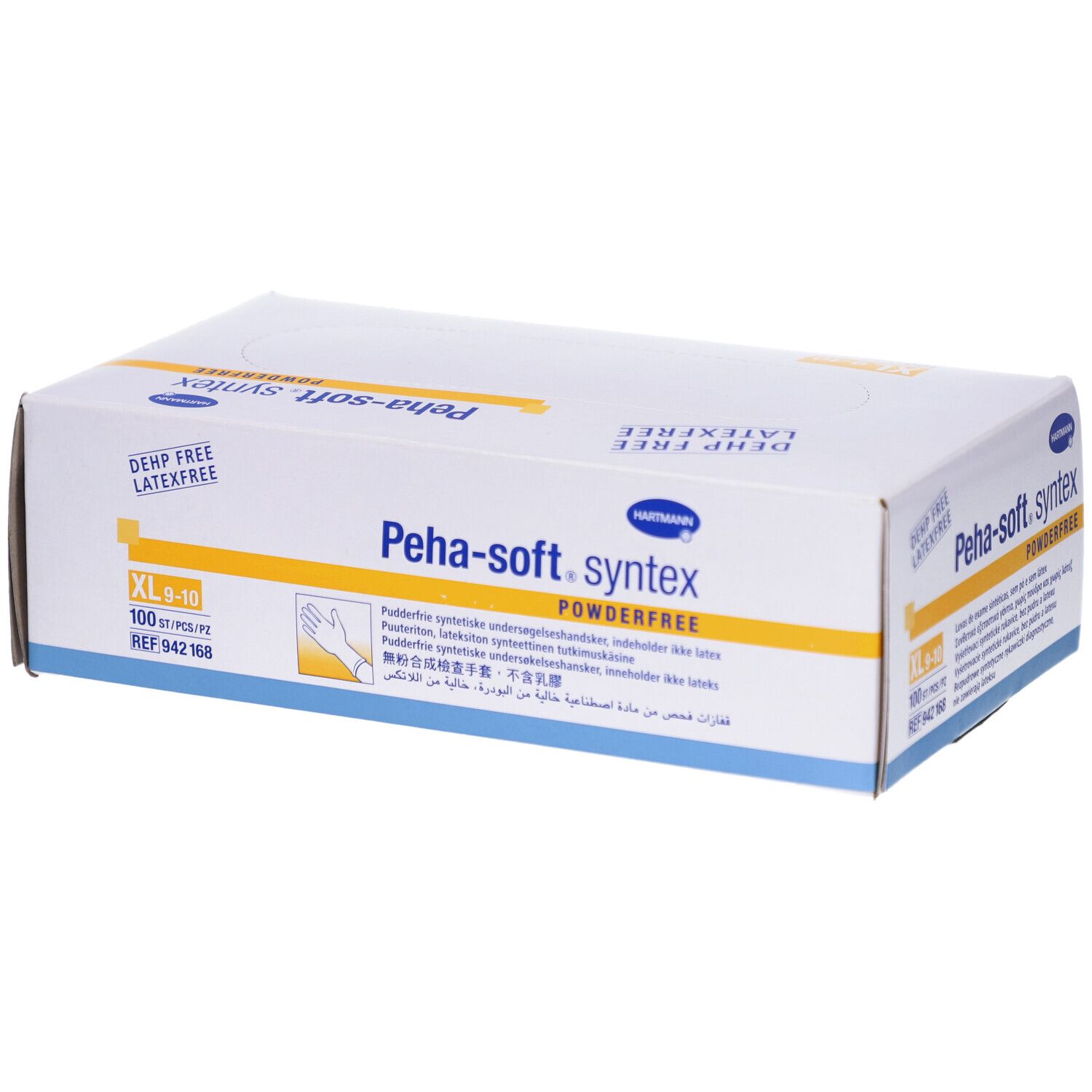 Boîte blanche avec impression du produit. Inscription : Peha-soft syntex, sans poudre, XL 9-10. Logo Hartmann. 100 pièces.