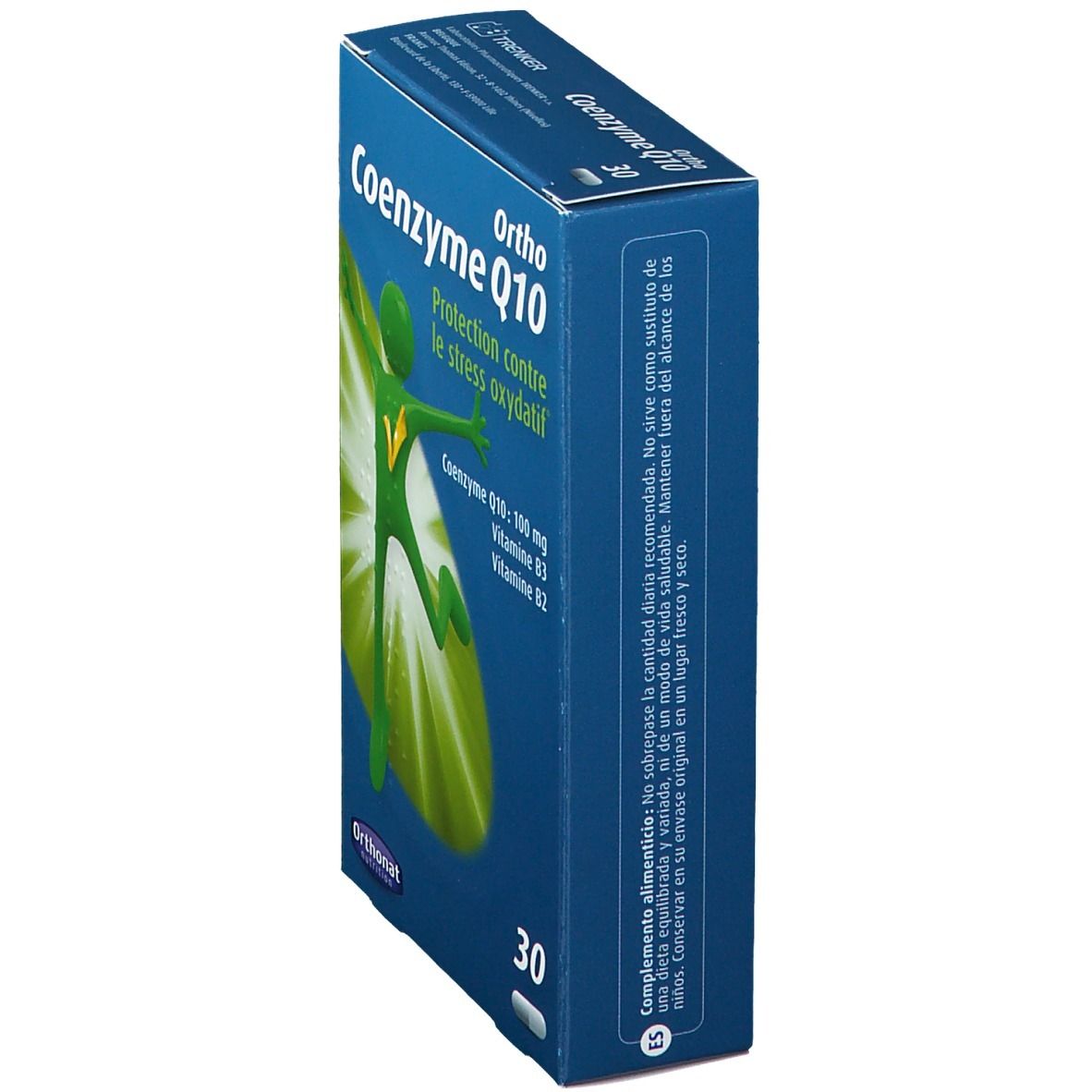 Blauwe doos "Ortho Coenzym Q10". Opschriften: "Protection contre le stress oxydatif", "Coenzym Q10: 100 mg, Vitamine B3, B2". Bevat 30 capsules. Zijaanzicht.