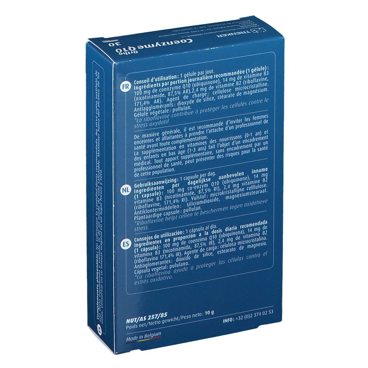 Achterkant van de blauwe doos "Ortho Coenzym Q10". Tekst in het Frans en Nederlands. Bevat informatie over ingrediënten en gebruik.