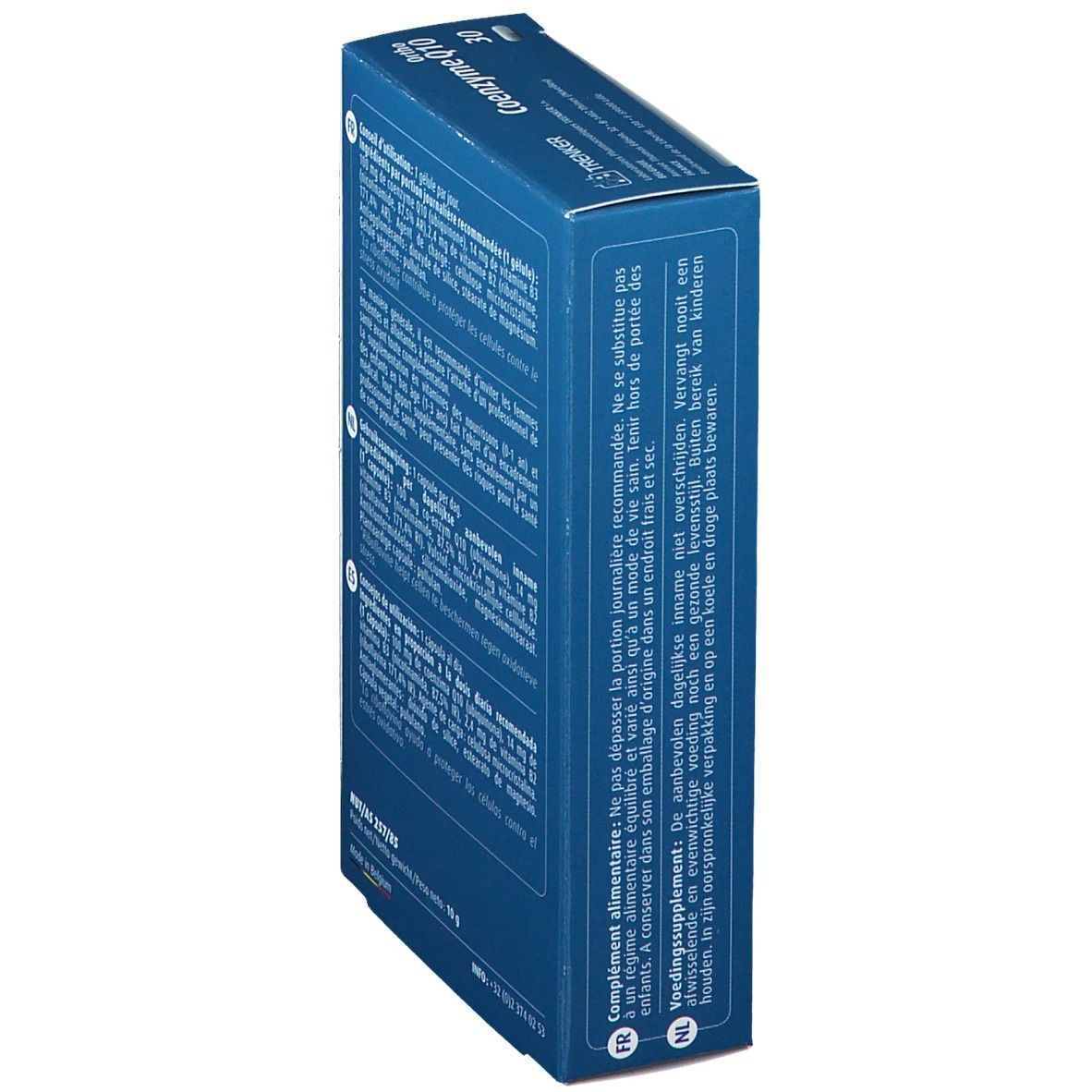 Zijaanzicht van de blauwe doos "Ortho Coenzym Q10". Tekst in het Frans en Nederlands. Bevat informatie over gebruik en ingrediënten.