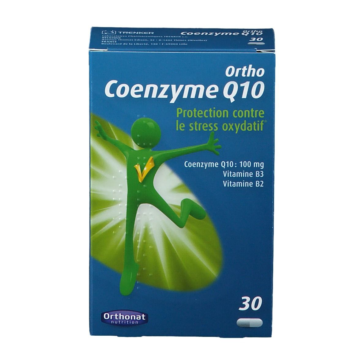 Blauwe doos "Ortho Coenzym Q10" met 30 capsules. Opschriften: "Protection contre le stress oxydatif", "Coenzym Q10: 100 mg, Vitamine B3, B2".