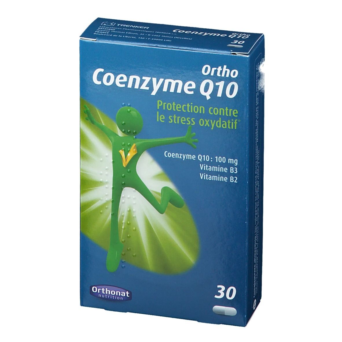 Blauwe doos "Ortho Coenzym Q10" met 30 capsules. Opschriften: "Protection contre le stress oxydatif", "Coenzym Q10: 100 mg, Vitamine B3, B2".