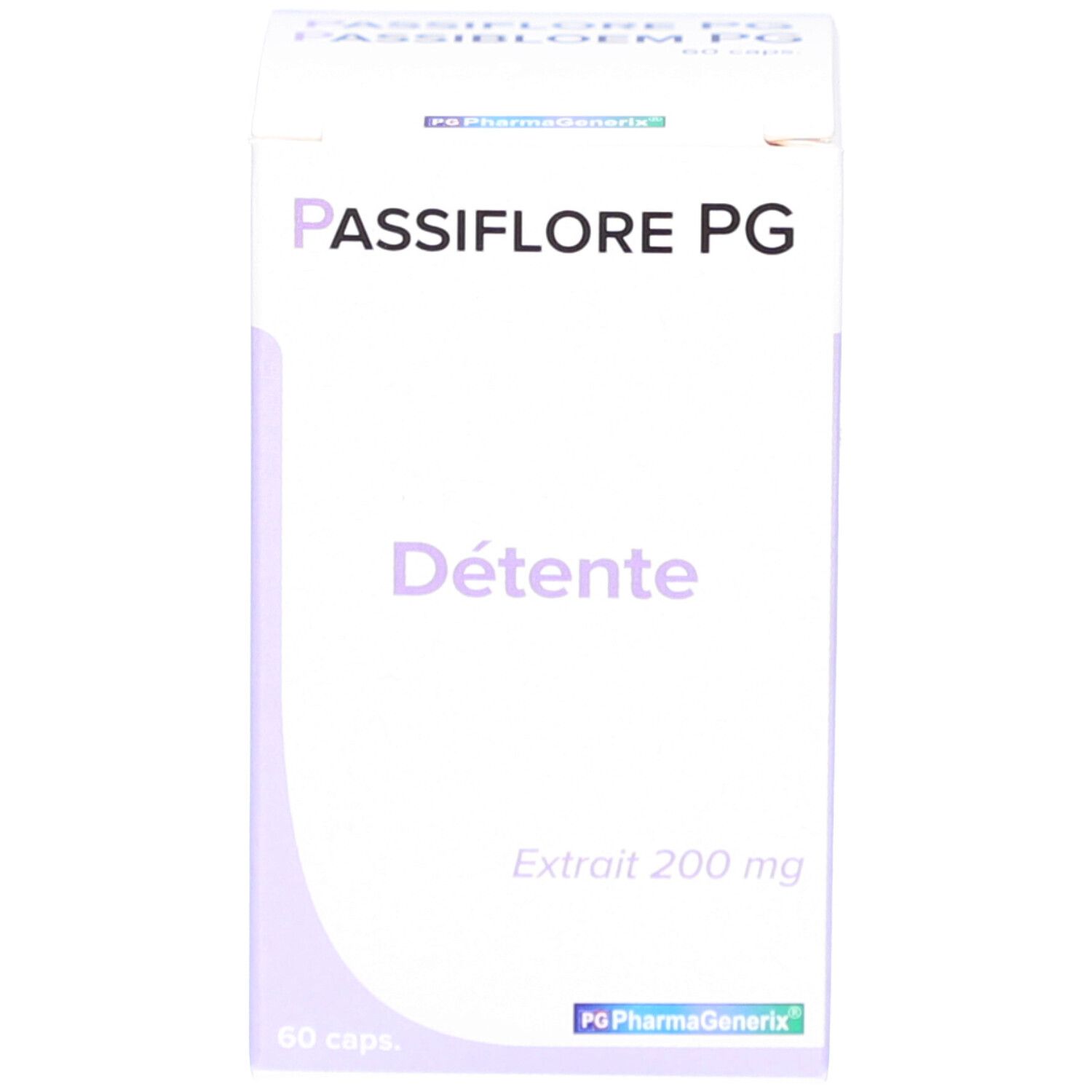 Kartonnen verpakking. Opschrift: Passiflore PG, Détente. Extrait 200 mg. 60 caps.