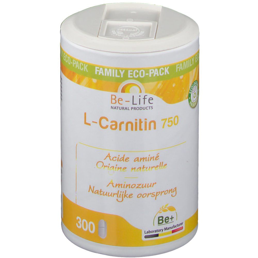Boîte cylindrique blanche. Inscription: Be-Life L-Carnitine 750. Fond jaune. 300 gélules.