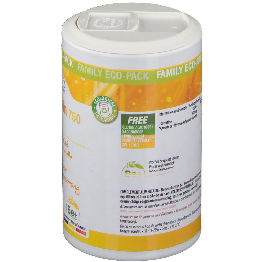 Dos de la boîte. Inscription: L-Carnitine, informations nutritionnelles, sans gluten, sans lactose, sans sucre, sans sel. Symbole de recyclage.