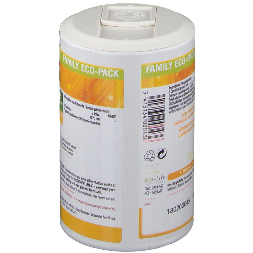 Dos de la boîte. Inscription: L-Carnitine, ingrédients, code-barres, symbole de recyclage. Informations fabricant.