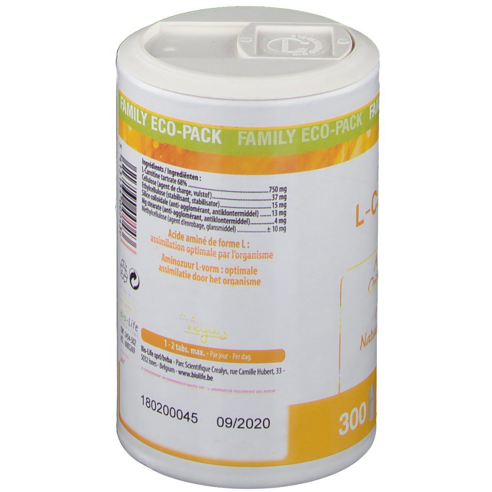 Dos de la boîte. Inscription: Ingrédients, acide aminé, assimilation optimale. Date de péremption: 09/2020. 300 gélules.