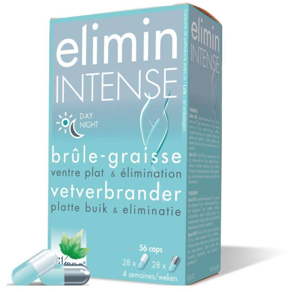 Boîte bleue et blanche avec 'Elimin Intense'. Contient des gélules. Texte en français et néerlandais.