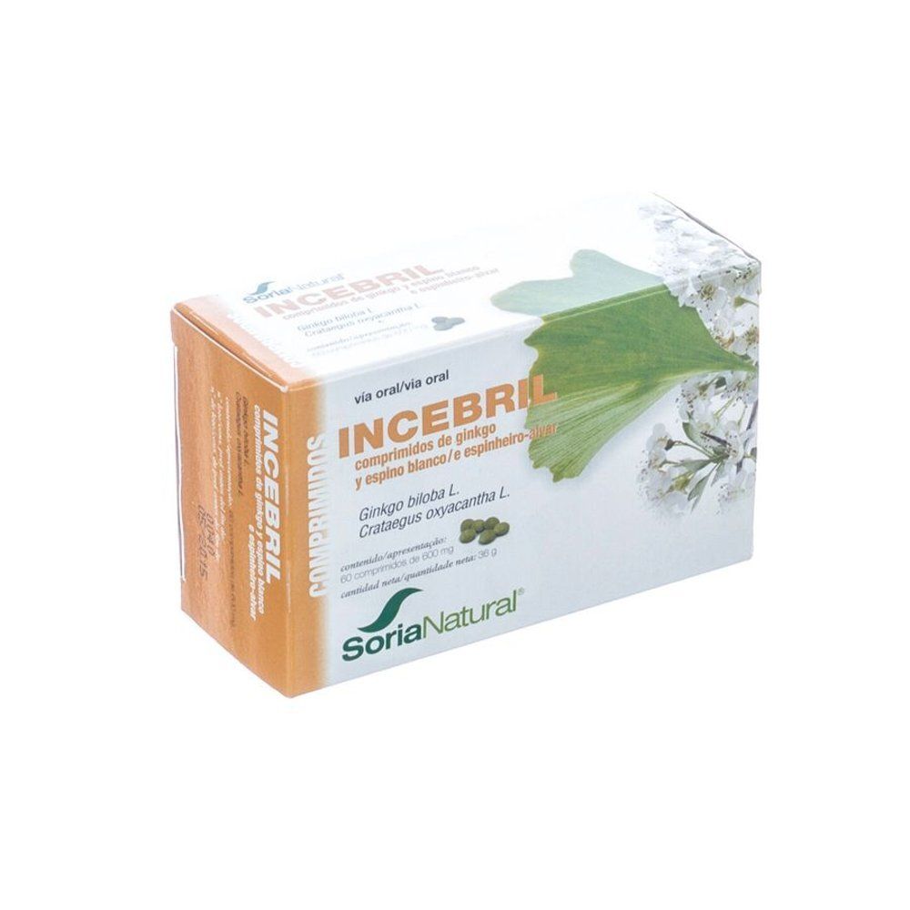Boîte de comprimés Incebril. Inscription : Soria Natural. Contient Ginkgo biloba et Crataegus oxyacantha.