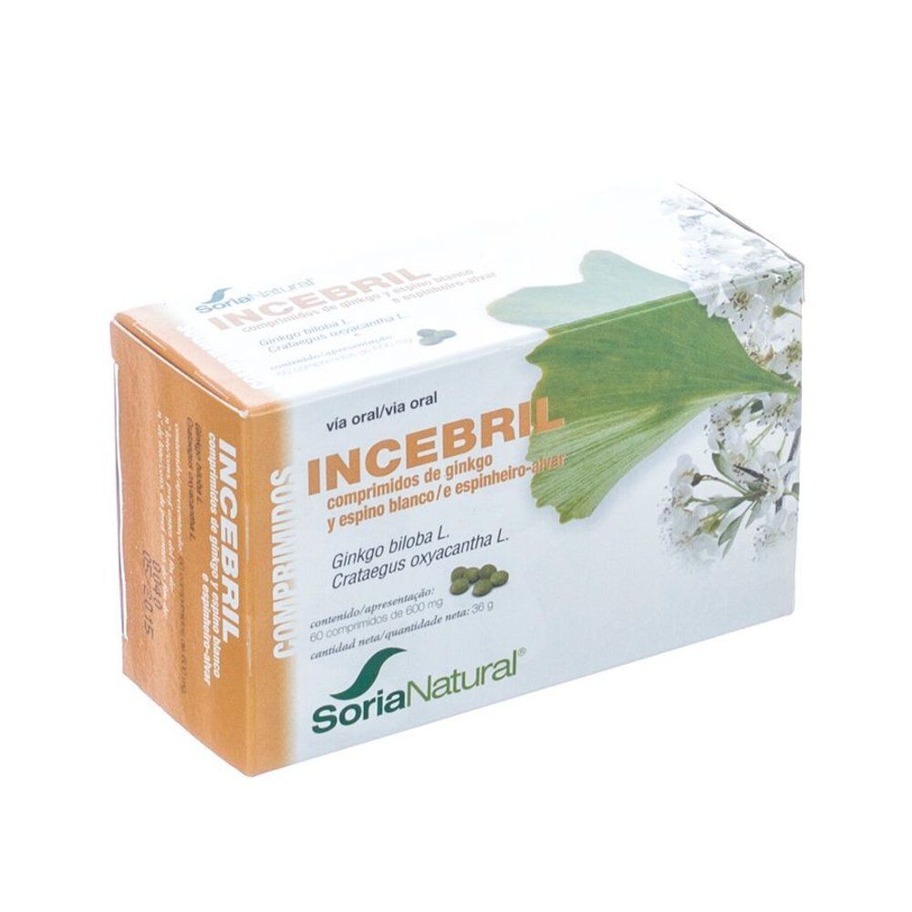 Doosje Incebril tabletten. Opschrift: Soria Natural. Bevat Ginkgo biloba en Crataegus oxyacantha.