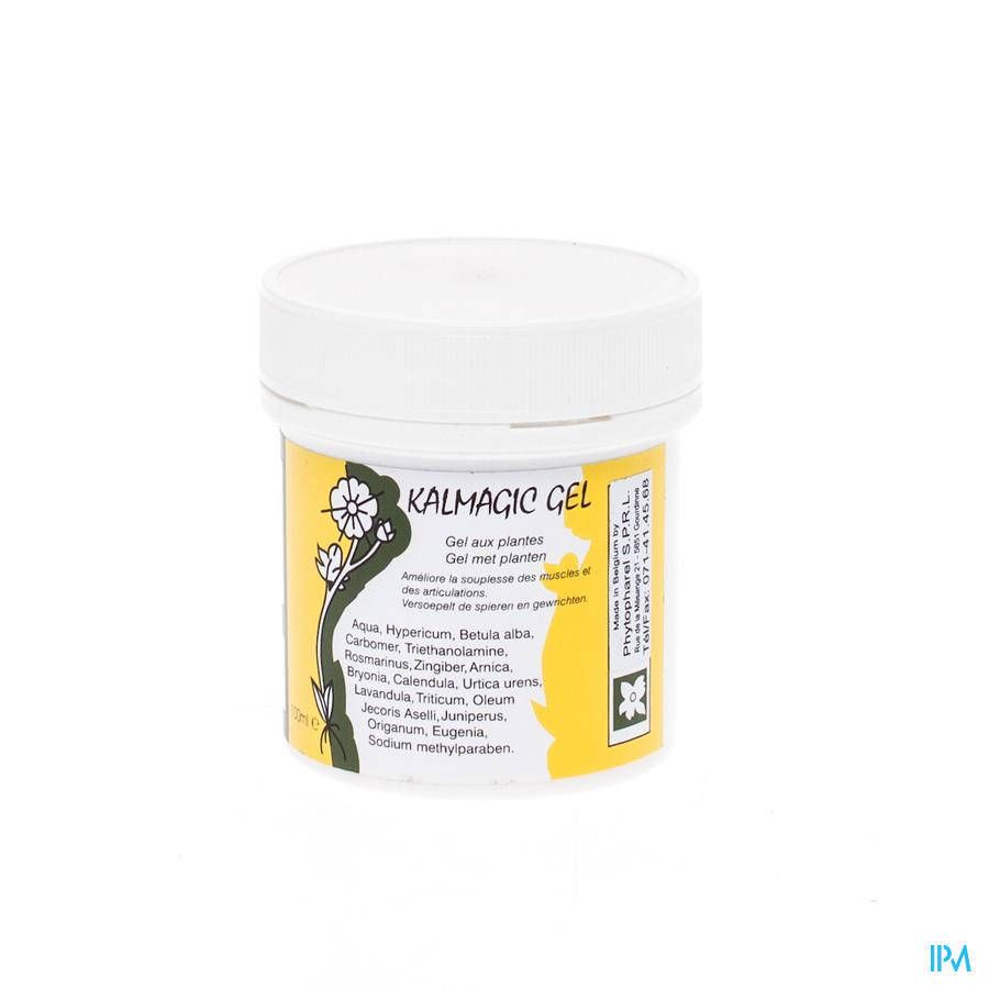 Witte pot met geel etiket. Opschrift: KALMAGIC GEL. Bevat plantenextracten. Met deksel.