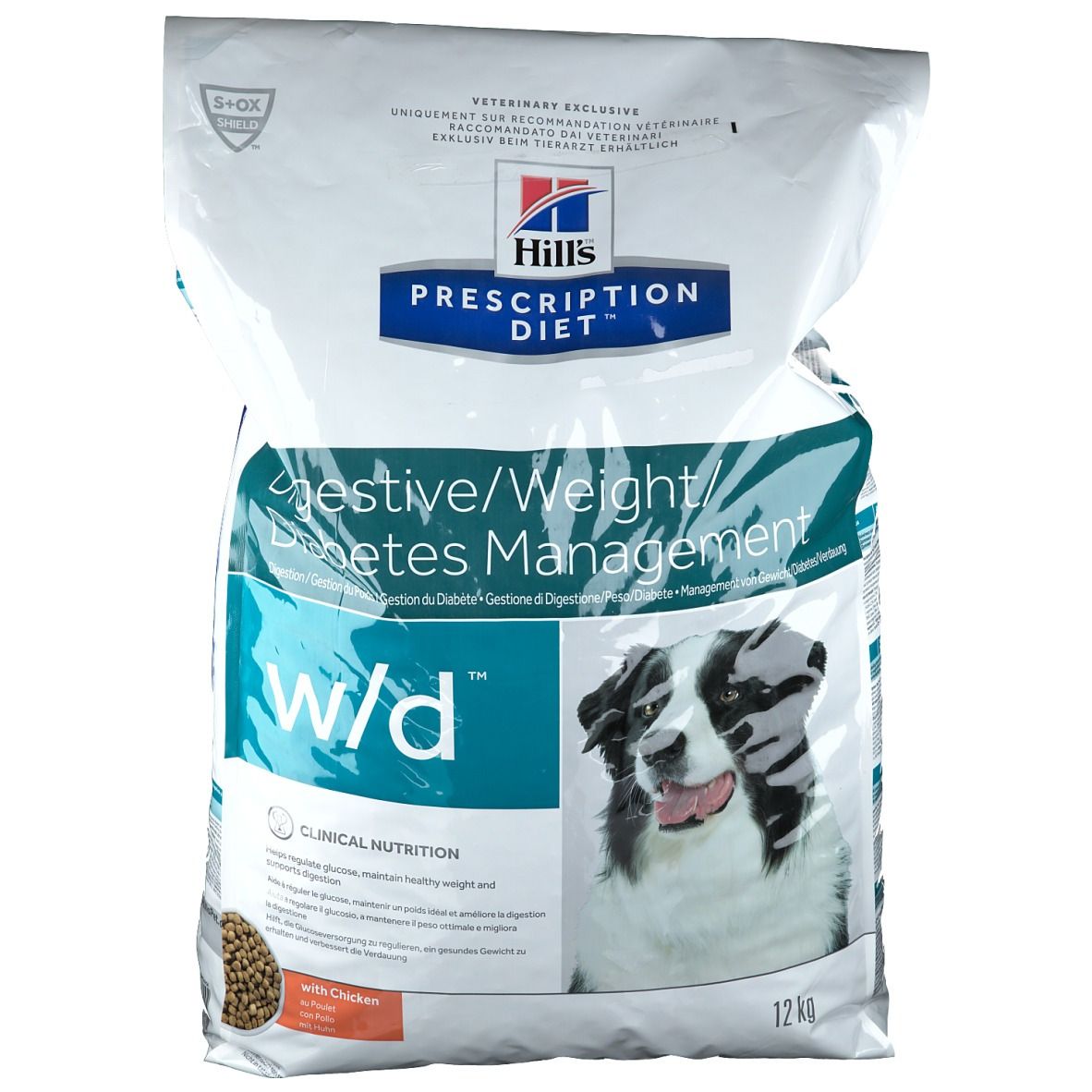 Hills Prescription Diet w/d hondenvoer. Witte verpakking met logo en productnaam. Bevat een afbeelding van een hond.