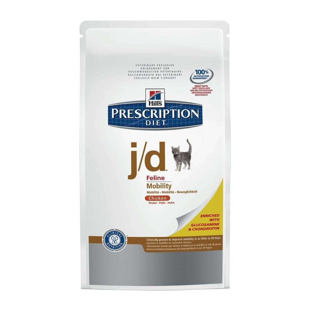 Zak kattenvoer. Opschrift: Hills Prescription Diet j/d Feline Mobility. Bevat glucosamine & chondroïtine. Kip.