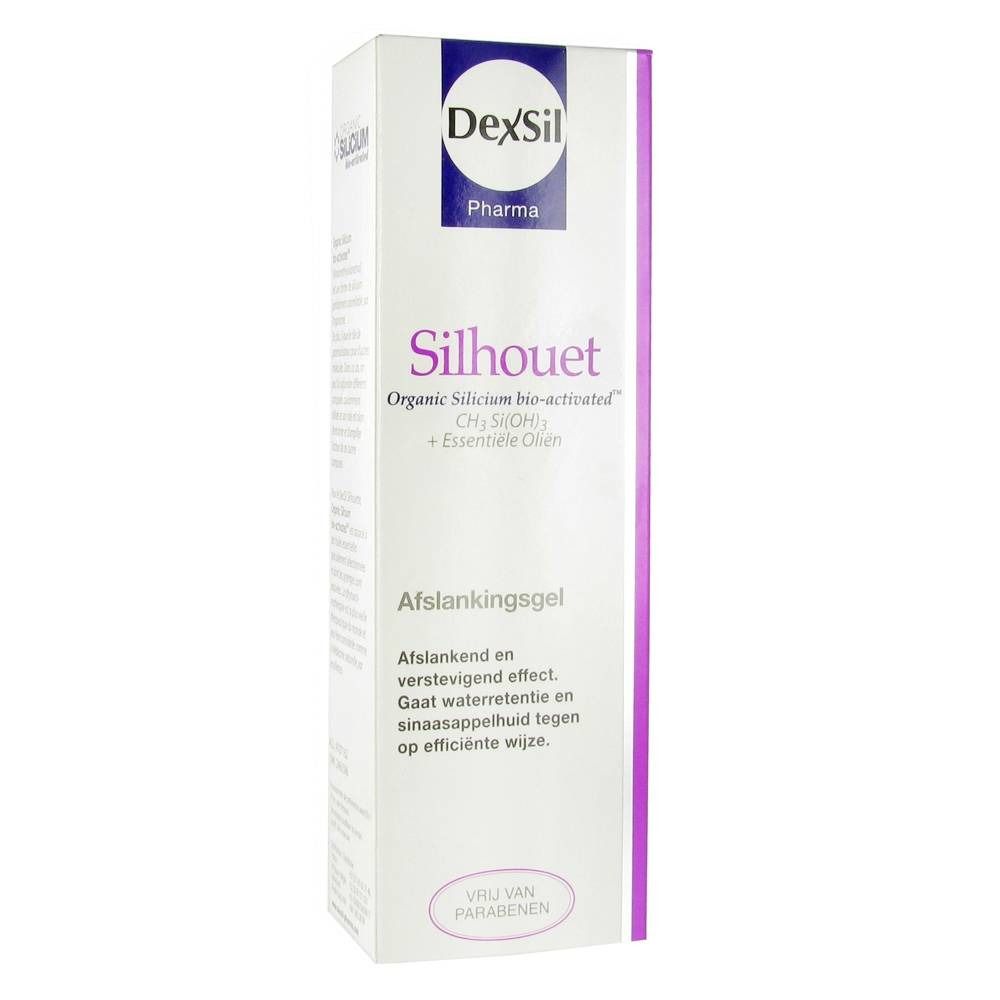 Boîte blanche avec le nom du produit Silhouet et la marque Dexsil Pharma. Contient du texte en néerlandais, dont "Afslankingsgel".