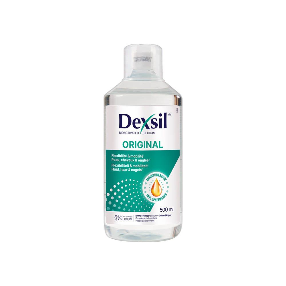 Heldere vloeistof in fles. Opschrift DexSil Original. Flexibiliteit & mobiliteit. 500 ml.