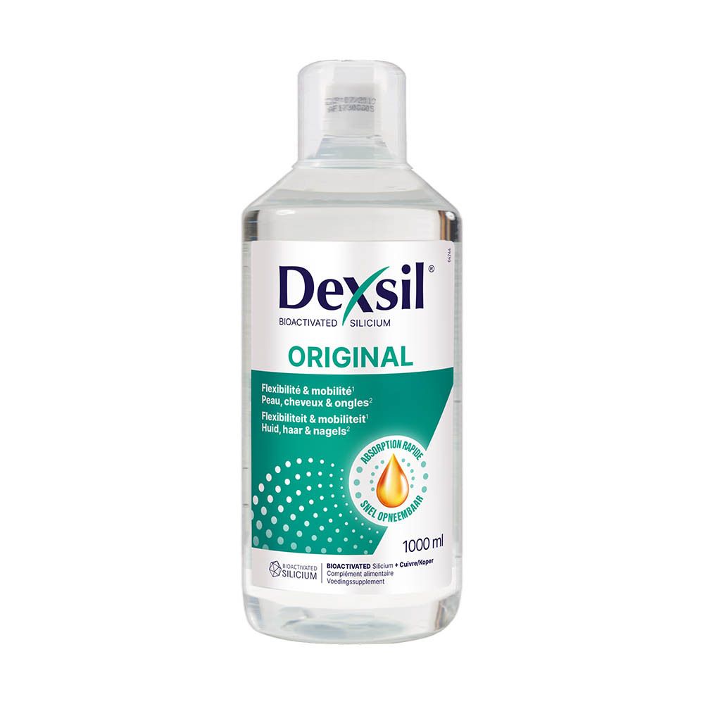 Dexsil Original fles. Heldere vloeistof. Groen-wit etiket met productnaam en indicaties voor flexibiliteit en mobiliteit.