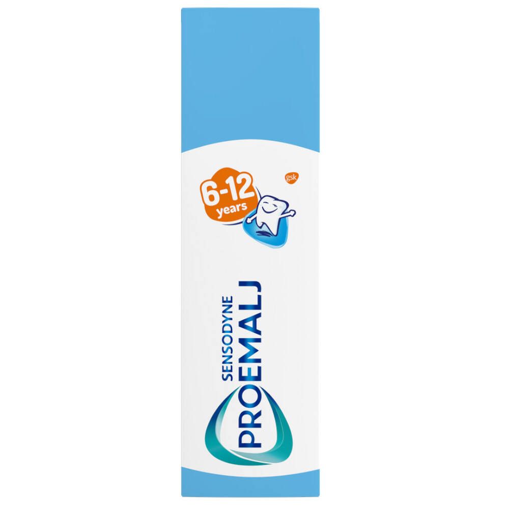 Tandpastatube met blauwe dop. Opschrift: ProGlasur, 6-12 jaar.
