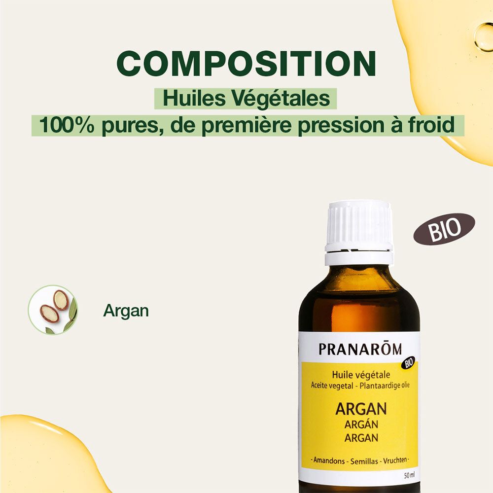 Flacon de produit avec texte : Huiles Végétales. 100% pures, première pression à froid. Label bio. Argan.