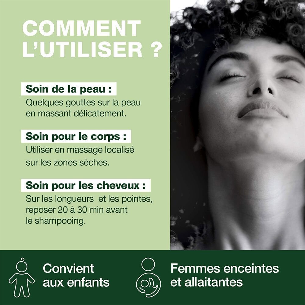 Texte : Nos garanties. 100% Pures et naturelles. De première pression à froid. Qualité vierge.