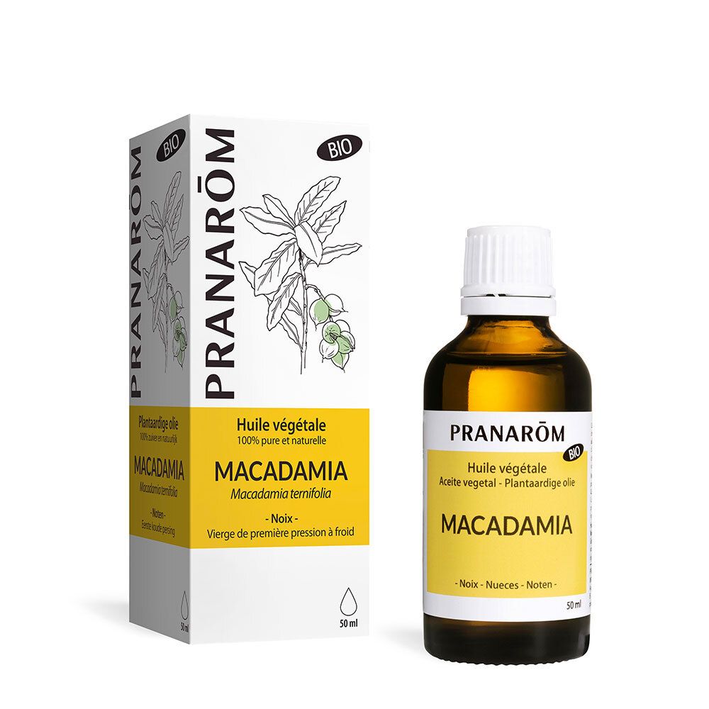 Doos en fles met geel etiket. Opschrift: Pranarôm, Macadamia olie, Bio.