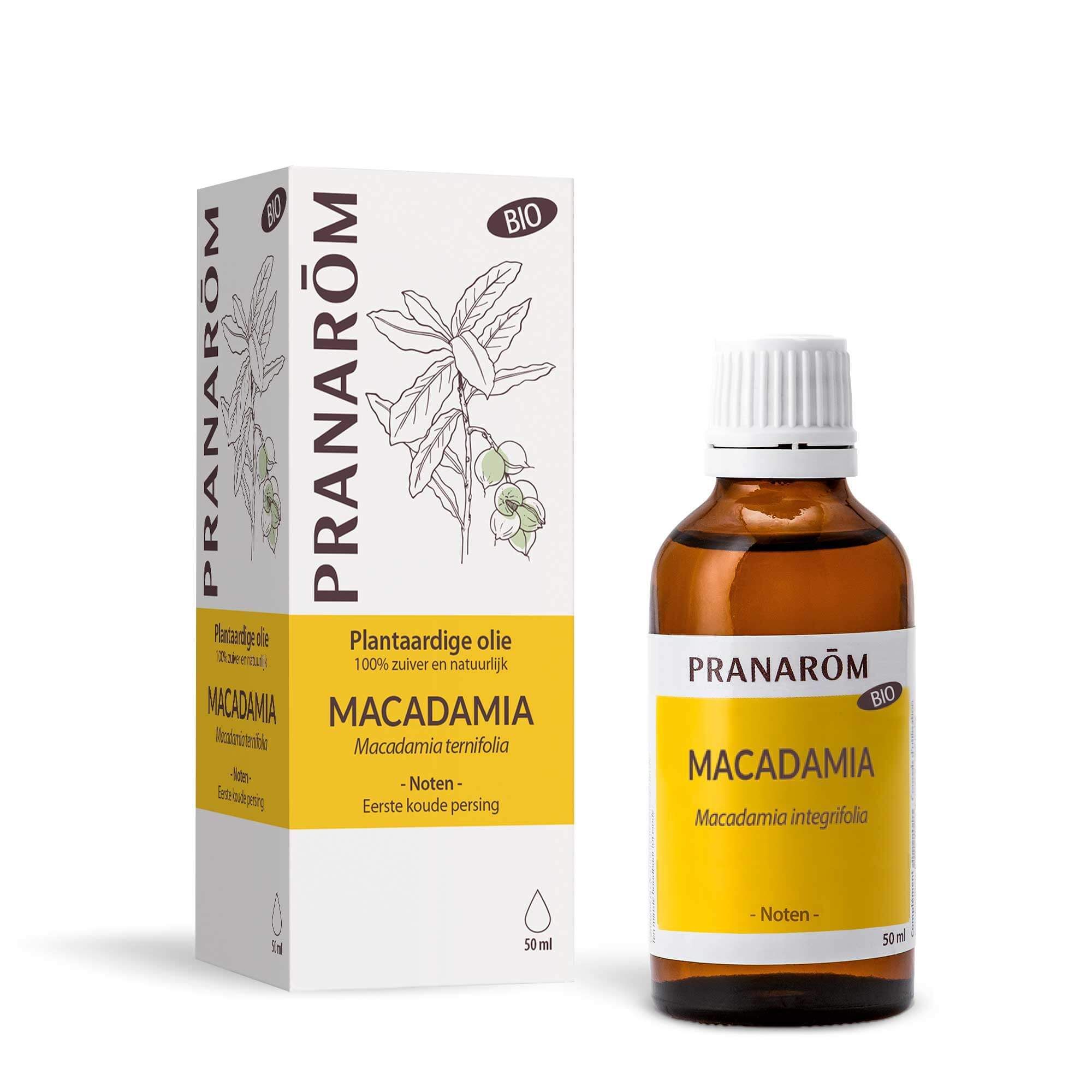 Pranarom Bio Macadamia olie. Fles en verpakking. BIO-certificering. 50 ml.
