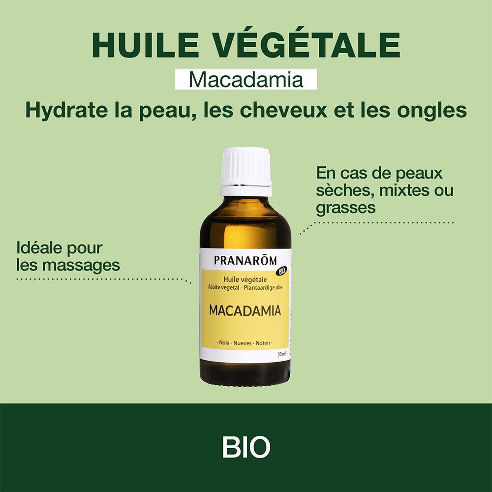 Fles met geel etiket. Opschrift: Pranarôm, Macadamia olie, Bio. Tekst: Hydrateert huid, haar, nagels.