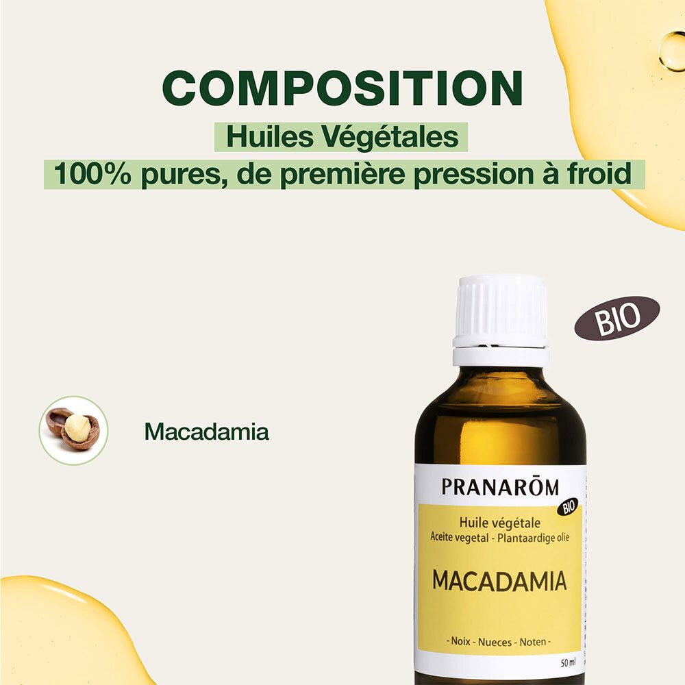 Fles met geel etiket. Opschrift: Pranarôm, Macadamia olie, Bio. Tekst: 100% puur, koudgeperst.