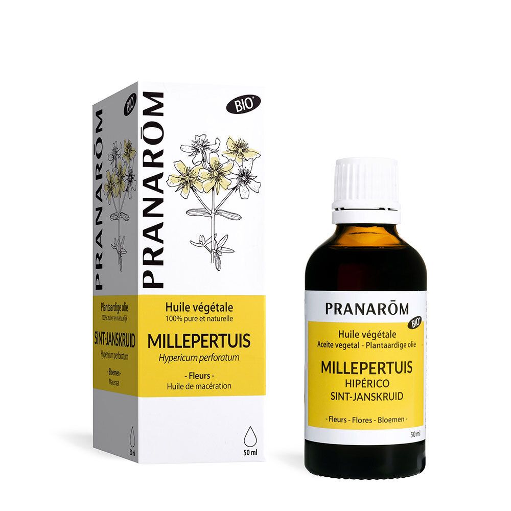 Flacon en verre brun et emballage. Inscription : Millepertuis, Pranarom. Certification bio.