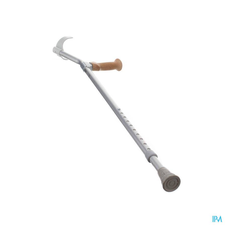 Canne de marche avec poignée incurvée et hauteur réglable. Métal argenté, poignée marron, embout gris.