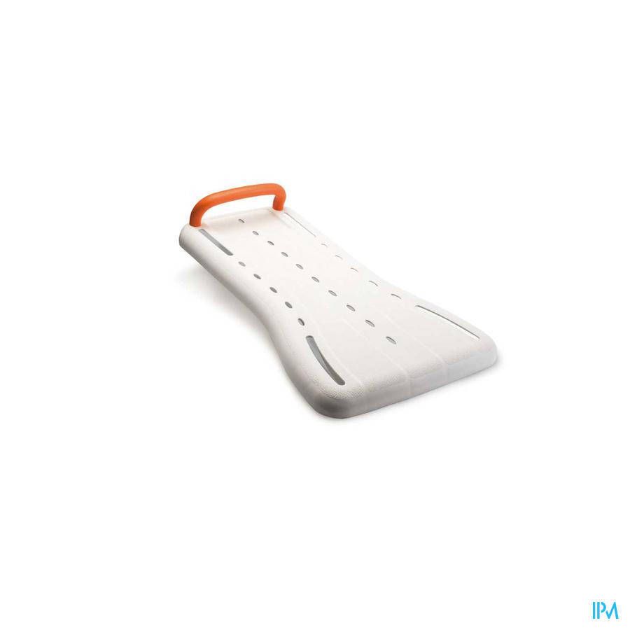 Planche de bain blanche avec poignée orange. La planche a une forme allongée avec des trous et des fentes.