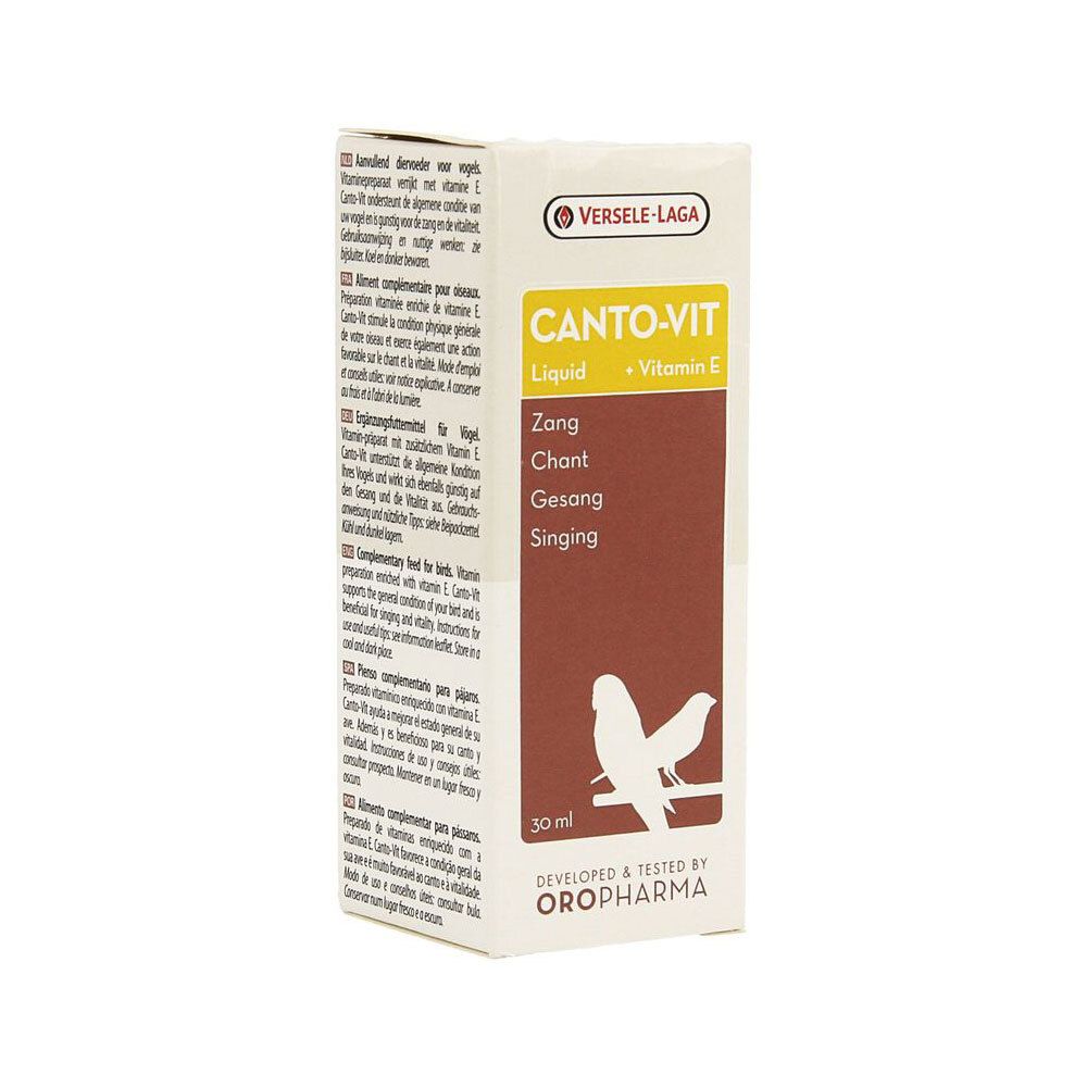 Kartonnen verpakking met CANTO-VIT Liquid + Vitamine E. Meertalige tekst. Merk VERSELE-LAGA. Inhoud 30 ml. Ontwikkeld en getest door OROPHARMA.