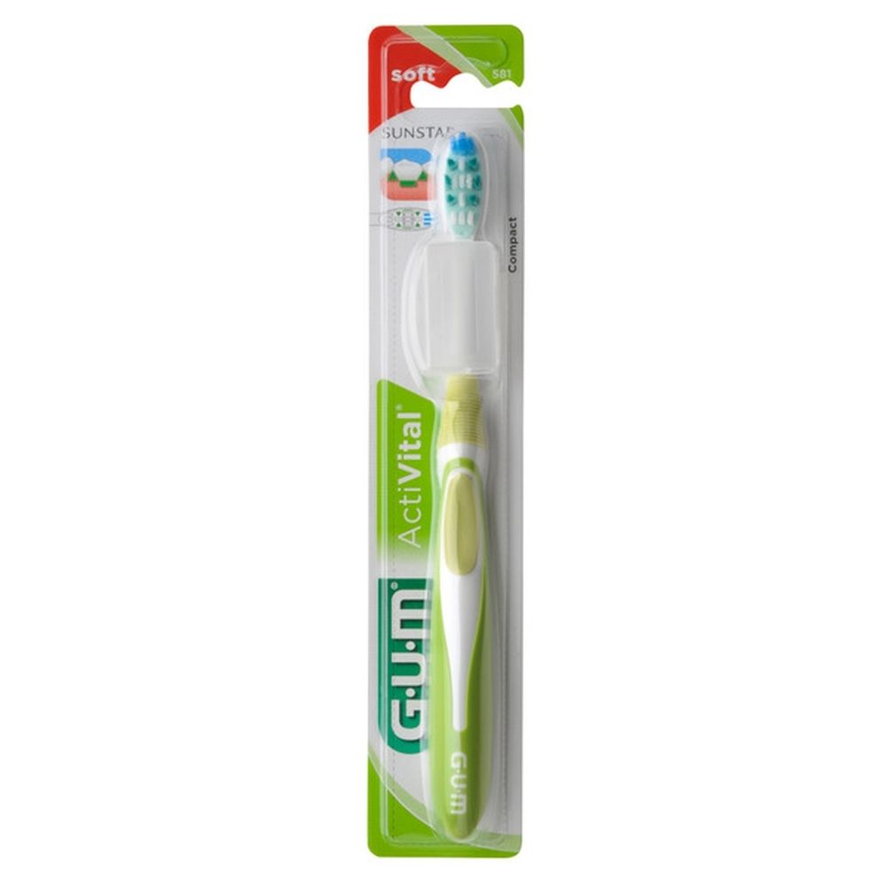 Groene GUM Activital Compact tandenborstel in verpakking. Zachte borstelharen, compacte kop. Merk en productnaam zichtbaar.