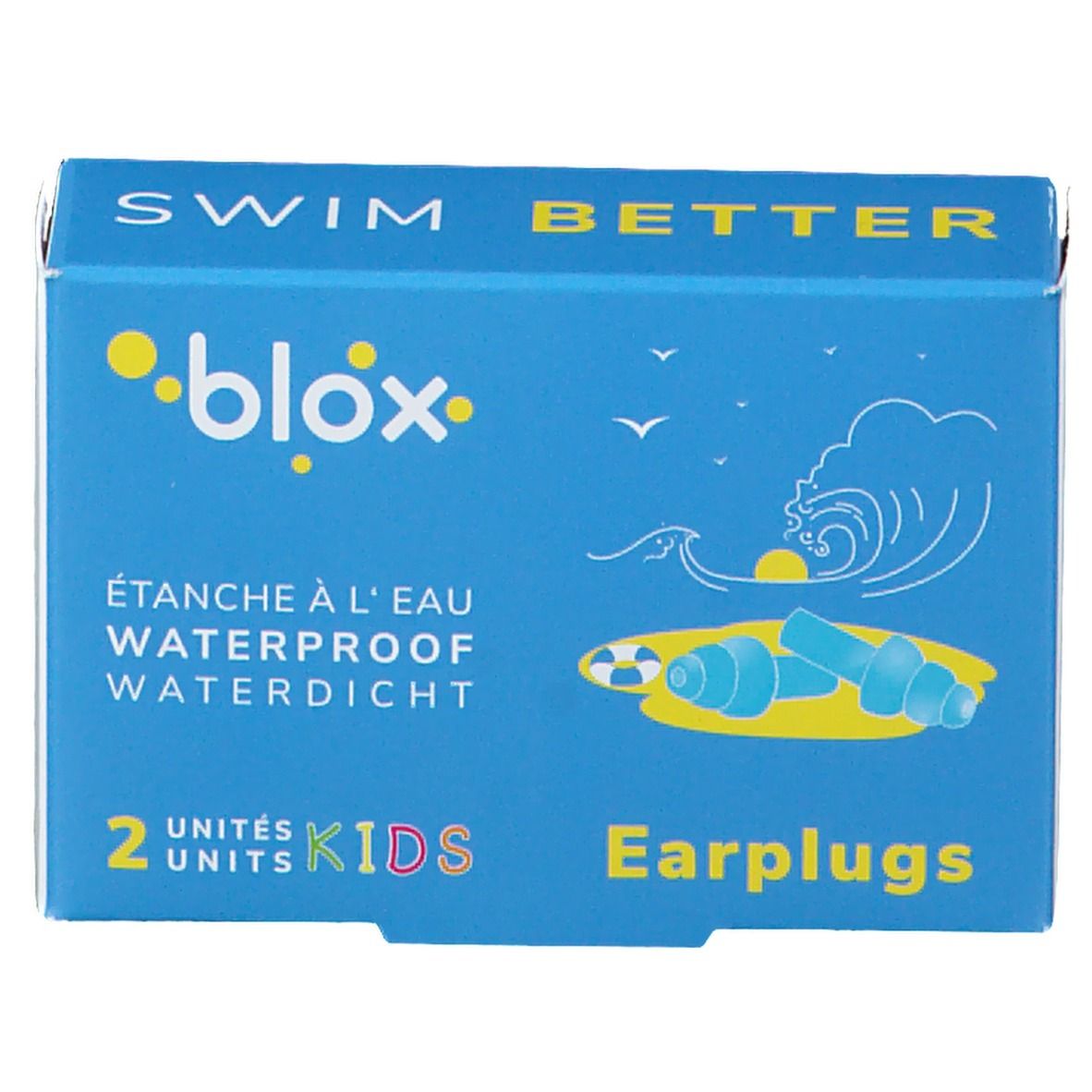 Boîte bleue et jaune avec bouchons d'oreille. Inscriptions : blox, SWIM BETTER, étanche à l'eau, 2 unités, KIDS, Earplugs.