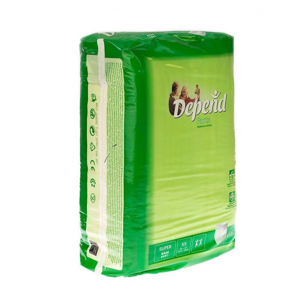 Paquet de Depend Pants. Vert et blanc. Inscription: Depend, Super, XS. Illustration de personnes.