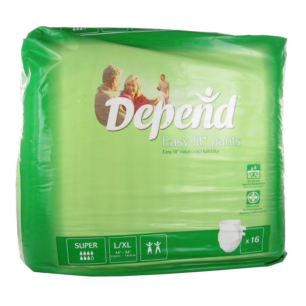 Groene verpakking van Depend Easy fit pants. Maat L/XL. 16 stuks. Opschrift: Super, 44-64. Illustratie van personen.