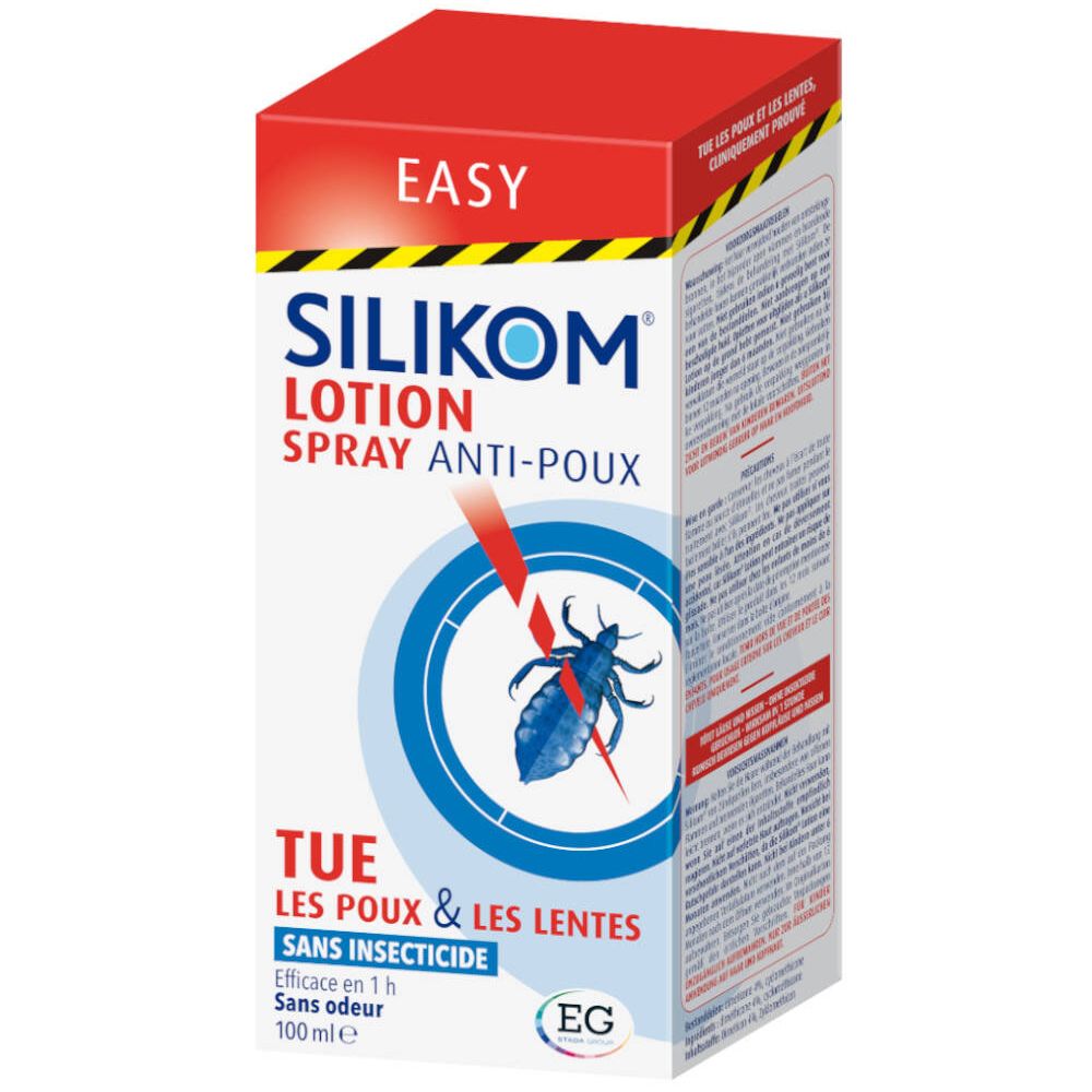 Boîte de SILIKOM Lotion Spray Anti-Poux. Illustration d'un poux traversé par une flèche. Texte: Tue les poux & les lentes.