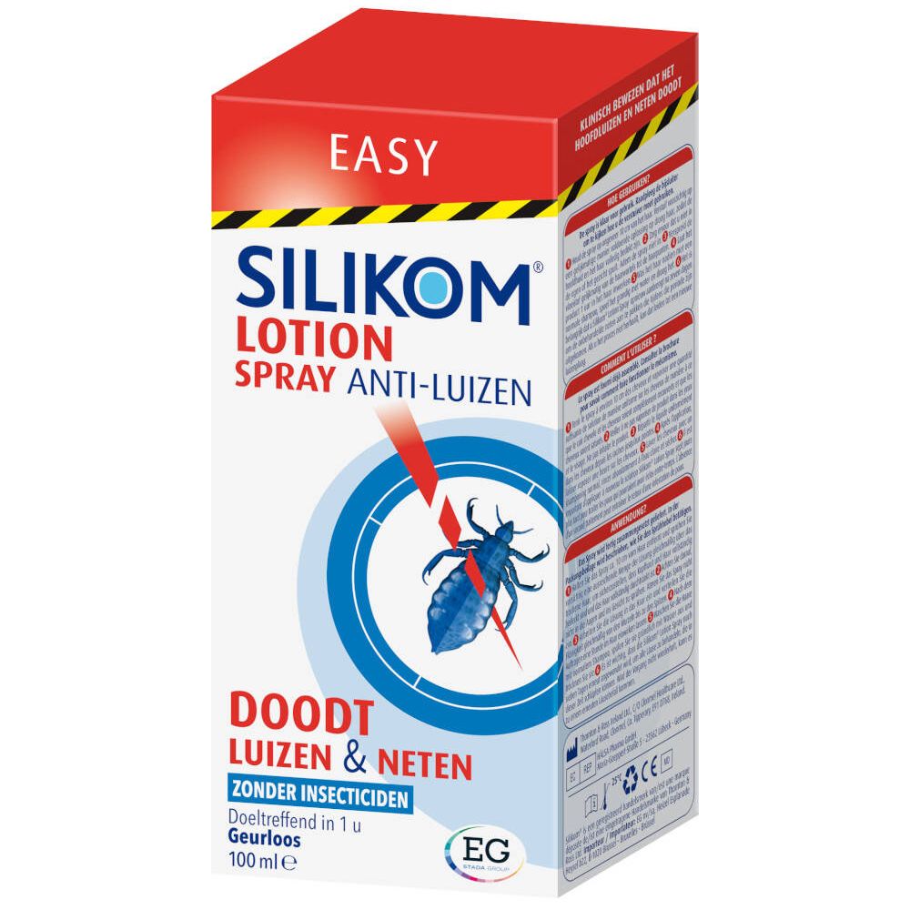 Boîte de SILIKOM Lotion Spray Anti-poux. Illustration d'un poux traversé par une flèche. Texte: Tue les poux & les lentes.