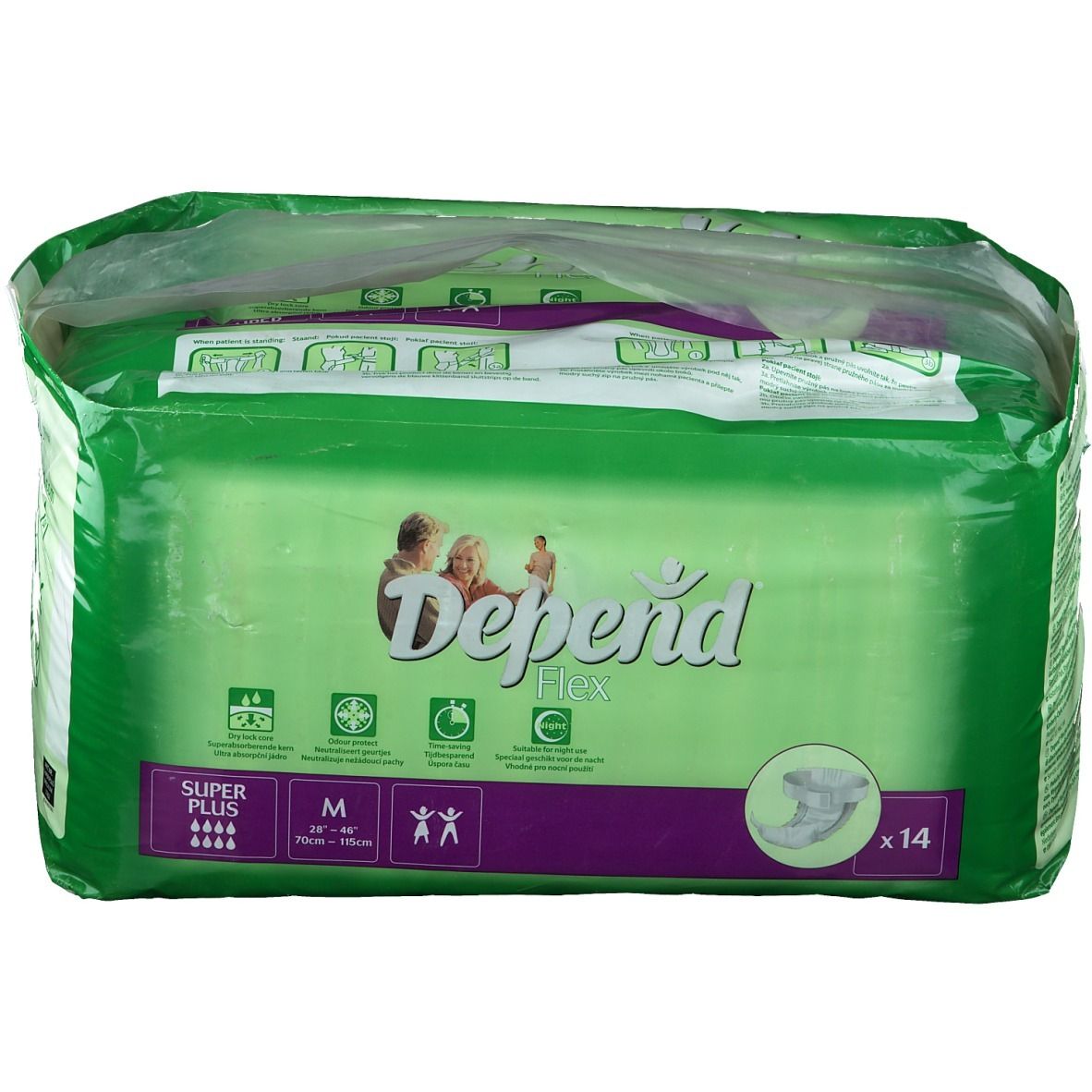Verpakking Depend Flex Super Plus Medium. Groen, met productafbeelding en pictogrammen. Bevat 14 stuks.
